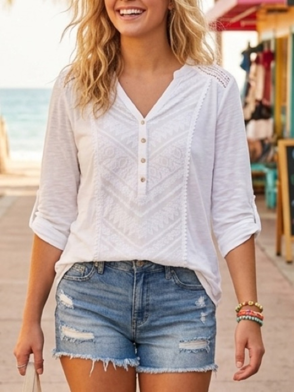 Democracy Embroidered Tab Sleeve Rayon Cotton White Top M